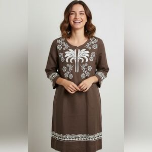 J. McLaughlin 100% Linen Brown Dress Size M Embroidery Short Sleeve Career